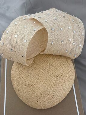 Harriet Rosebud Neutral Straw Bow Hat with Clear Accent Stones